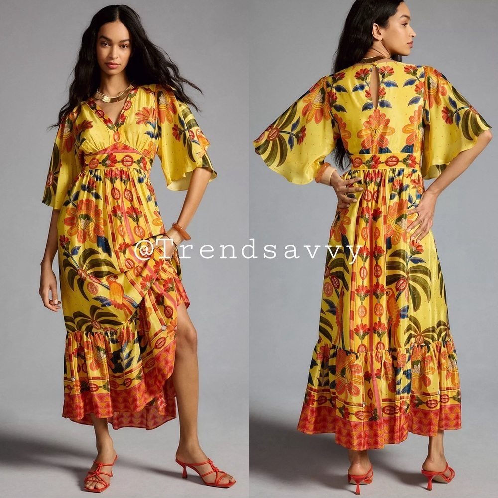 Anthropologie Farm Rio Yellow Floral Maxi Dress Ruffle Hem Flutter Sleeve Resort